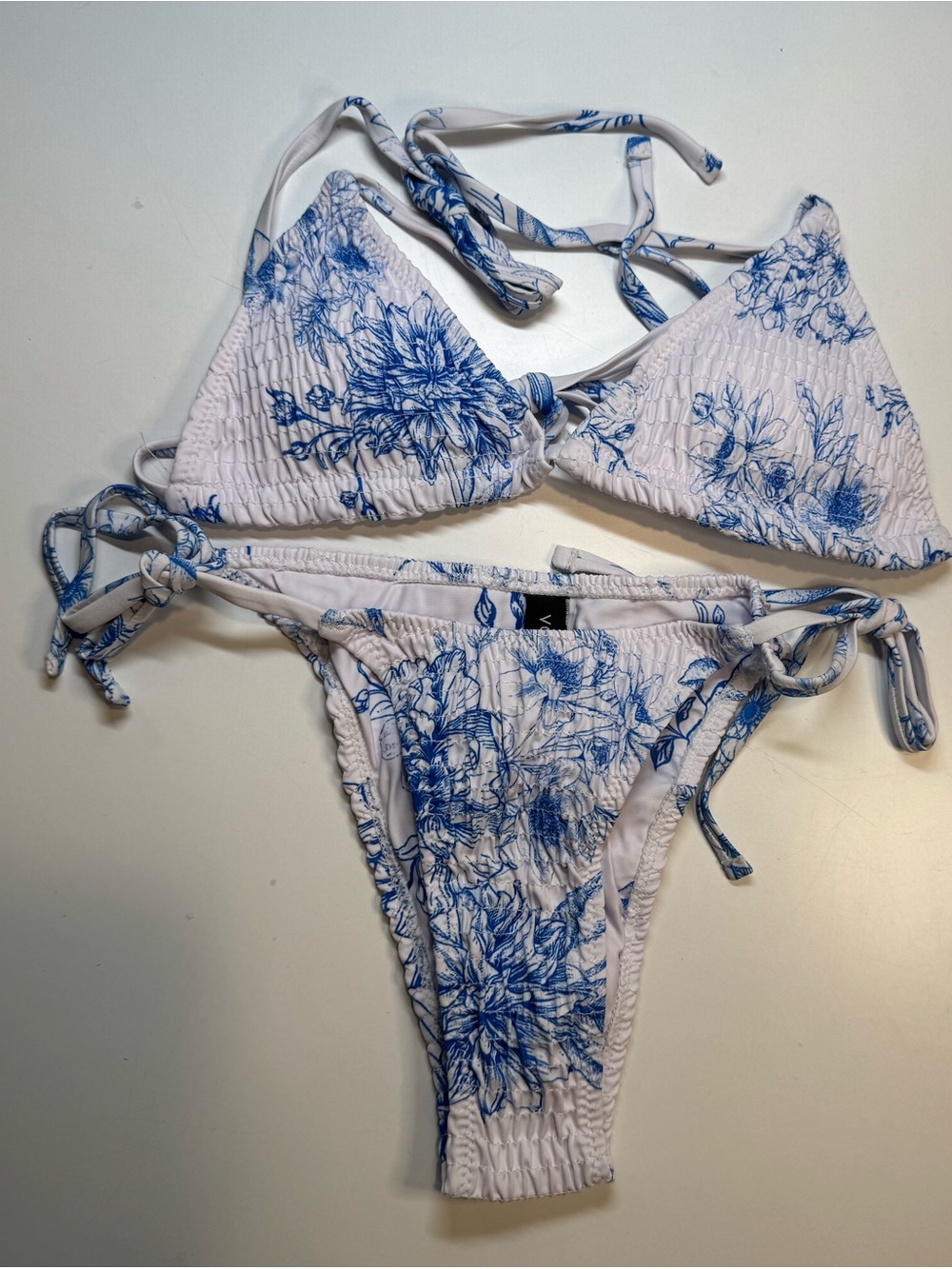 VOLAFA  White and Blue Floral Smocked Triangle Bikini